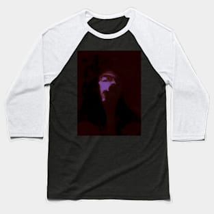 Portrait, digital collage and special processing. Like monk, man, smiling. Head. Weird. More stylized. Dark, red and violet. Baseball T-Shirt